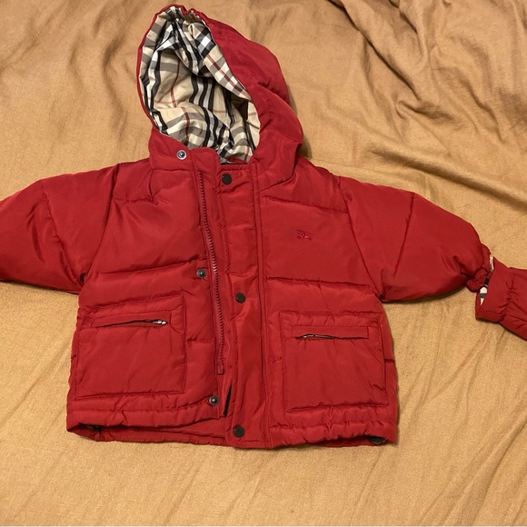 BURBERRY Kids Baby Red Down Puffer Coat w/ Mittens Nova Check House Lining 3M - Picture 6 of 16
